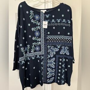 NWT J.Jill Navy Embroidered Tunic - Large